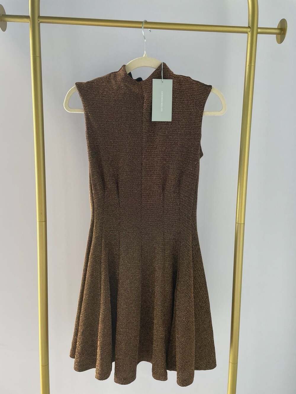 Antonio Melani The Jojo Black Gold Metallic Mock Neck Fit and Flare Mini Dress